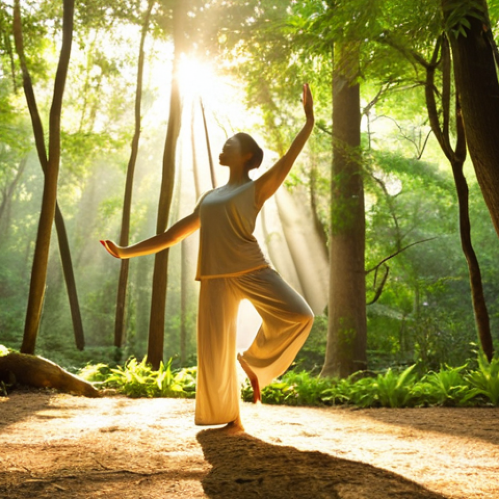 **A serene forest scene. Golden sunlight filters through the lush green canopy of trees, illuminating a woman practicing Tai Chi with mindful movements. She's centered, barefoot on the soft earth, embodying peace and connection with nature. Soft, diffused lighting, warm color palette, realistic.**