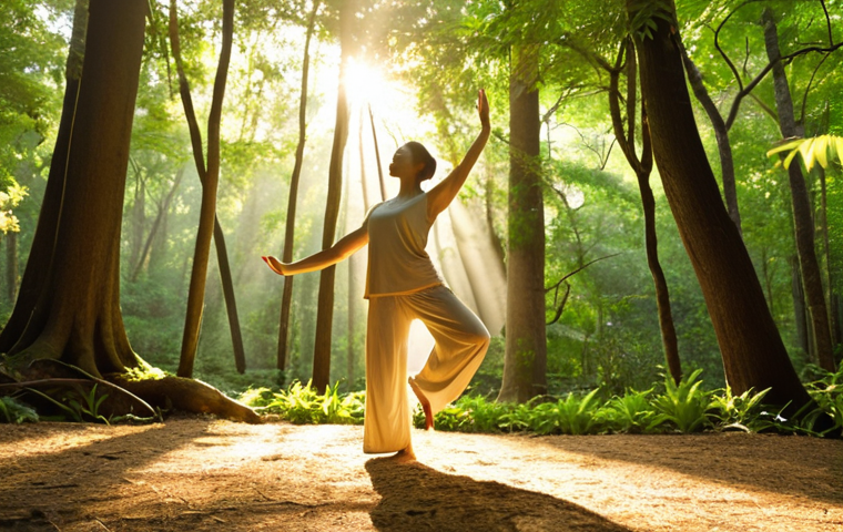 **A serene forest scene. Golden sunlight filters through the lush green canopy of trees, illuminating a woman practicing Tai Chi with mindful movements. She's centered, barefoot on the soft earth, embodying peace and connection with nature. Soft, diffused lighting, warm color palette, realistic.**