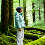 A serene individual wearing comfortable, modest outdoor clothing, like a light jacket and trousers, standing peacefully amidst a vibrant, lush forest. Dappled sunlight filters through a dense canopy of healthy green trees onto soft moss and the forest floor. Their posture is relaxed, with hands resting gently, appearing to take a deep, mindful breath, eyes gently closed or softly gazing. The scene conveys a sense of tranquility and deep calm. High-resolution, professional nature photography, natural colors, fully clothed, modest clothing, appropriate attire, safe for work, appropriate content, family-friendly, perfect anatomy, correct proportions, natural pose, well-formed hands, proper finger count, natural body proportions.
