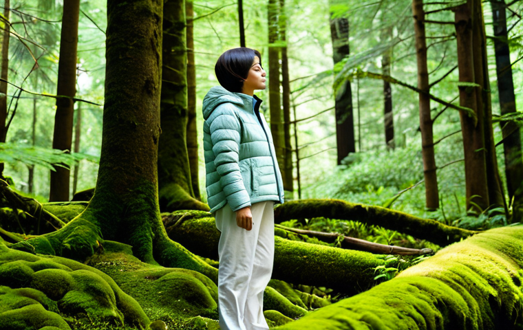 A serene individual wearing comfortable, modest outdoor clothing, like a light jacket and trousers, standing peacefully amidst a vibrant, lush forest. Dappled sunlight filters through a dense canopy of healthy green trees onto soft moss and the forest floor. Their posture is relaxed, with hands resting gently, appearing to take a deep, mindful breath, eyes gently closed or softly gazing. The scene conveys a sense of tranquility and deep calm. High-resolution, professional nature photography, natural colors, fully clothed, modest clothing, appropriate attire, safe for work, appropriate content, family-friendly, perfect anatomy, correct proportions, natural pose, well-formed hands, proper finger count, natural body proportions.