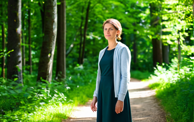 A professional woman in modest, comfortable outdoor clothing, standing on a winding forest path bathed in dappled sunlight. She has a calm, focused expression, taking a deep breath and experiencing mental clarity. Lush green trees and foliage surround her, with soft light filtering through the leaves. The scene conveys peace and restoration. perfect anatomy, correct proportions, natural pose, well-formed hands, proper finger count, natural body proportions, professional photography, high quality, safe for work, appropriate content, fully clothed, professional, family-friendly.