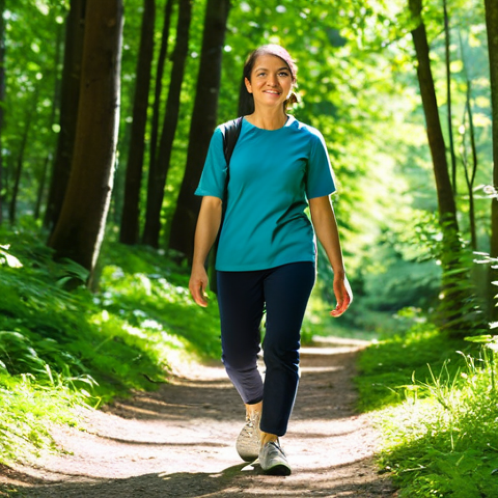 Tranquil Nature Walk**

"A woman in comfortable walking clothes, fully clothed, hiking on a sun-dappled forest trail, surrounded by lush green trees, dappled sunlight filtering through the leaves, perfect anatomy, correct proportions, natural pose, safe for work, appropriate content, family-friendly, professional photography, high quality, serene atmosphere, modest clothing."

**
