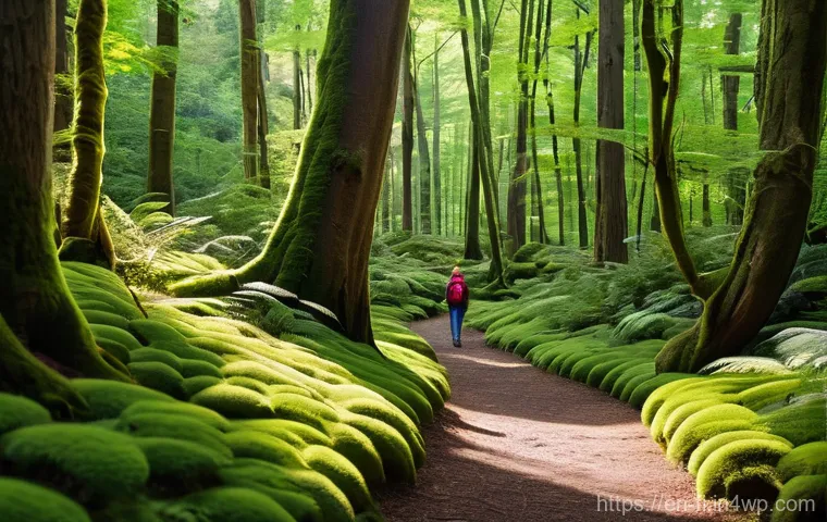 숲 테라피에 적합한 지역 추천 - **Prompt: Sensory Reconnection in a Temperate Forest**
    A serene, mid-shot image of a person mind...