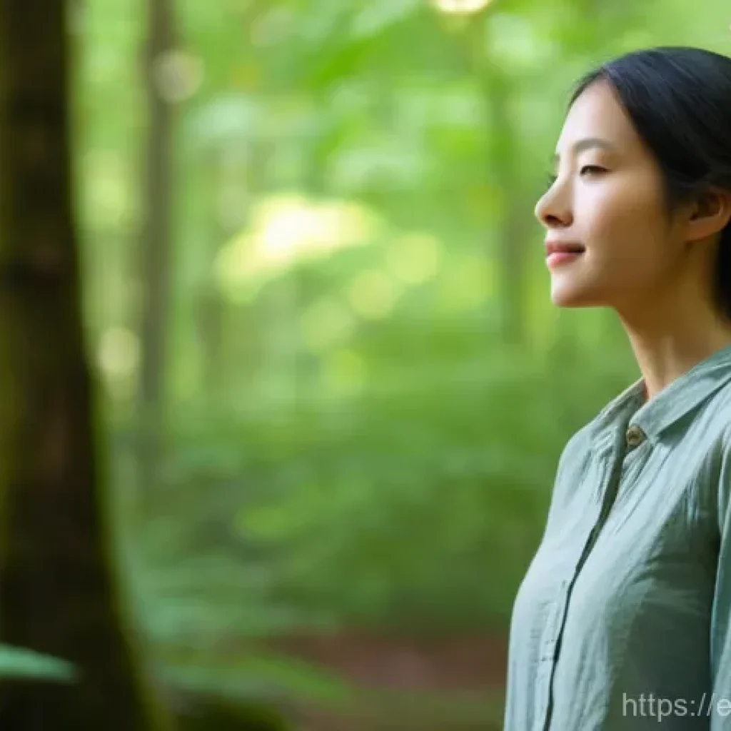 숲 테라피의 참여자 경험 공유 - **"Forest Zen: A Mindful Moment"**
    A serene woman, mid-20s to early 30s, stands quietly in a sun...