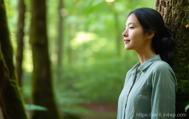 숲 테라피의 참여자 경험 공유 - **"Forest Zen: A Mindful Moment"**
    A serene woman, mid-20s to early 30s, stands quietly in a sun...