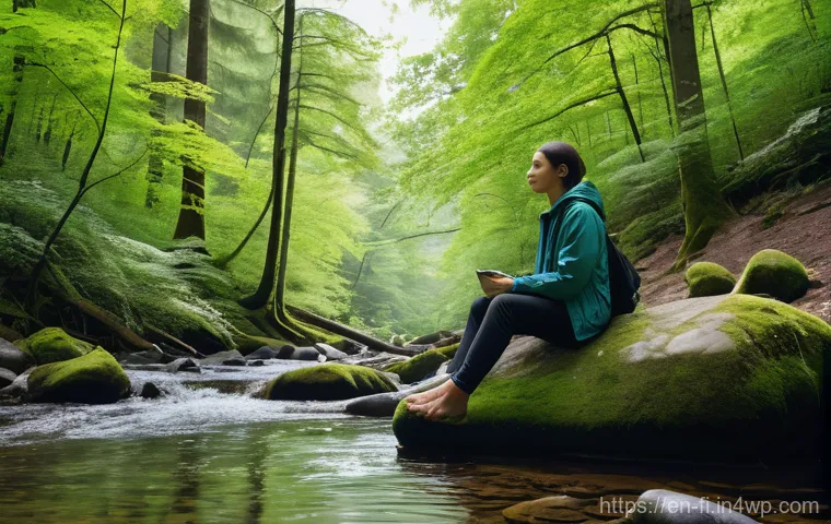 숲 테라피의 참여자 경험 공유 - **"Forest Zen: A Mindful Moment"**
    A serene woman, mid-20s to early 30s, stands quietly in a sun...