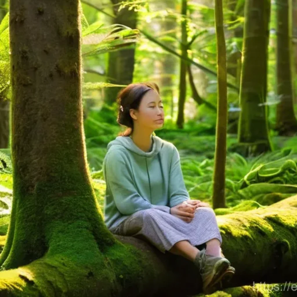 숲 테라피의 과학적 근거 - **Prompt: "A serene young woman, dressed in comfortable, layered outdoor clothing suitable for hikin...