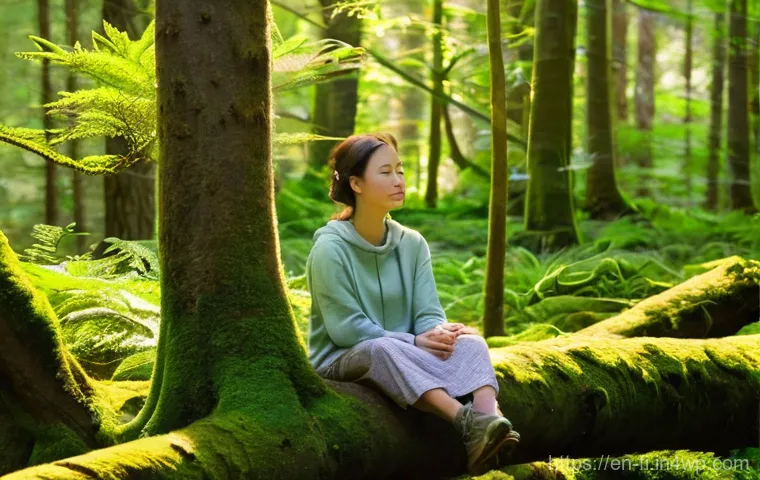숲 테라피의 과학적 근거 - **Prompt: "A serene young woman, dressed in comfortable, layered outdoor clothing suitable for hikin...