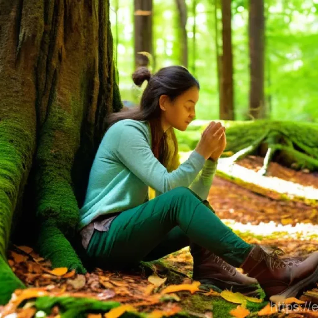 숲 테라피의 성공적 사례 분석 - **Prompt:** A serene young woman, dressed in comfortable, modest outdoor hiking clothes (long sleeve...