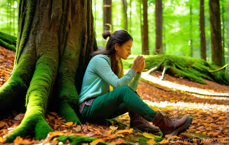 숲 테라피의 성공적 사례 분석 - **Prompt:** A serene young woman, dressed in comfortable, modest outdoor hiking clothes (long sleeve...