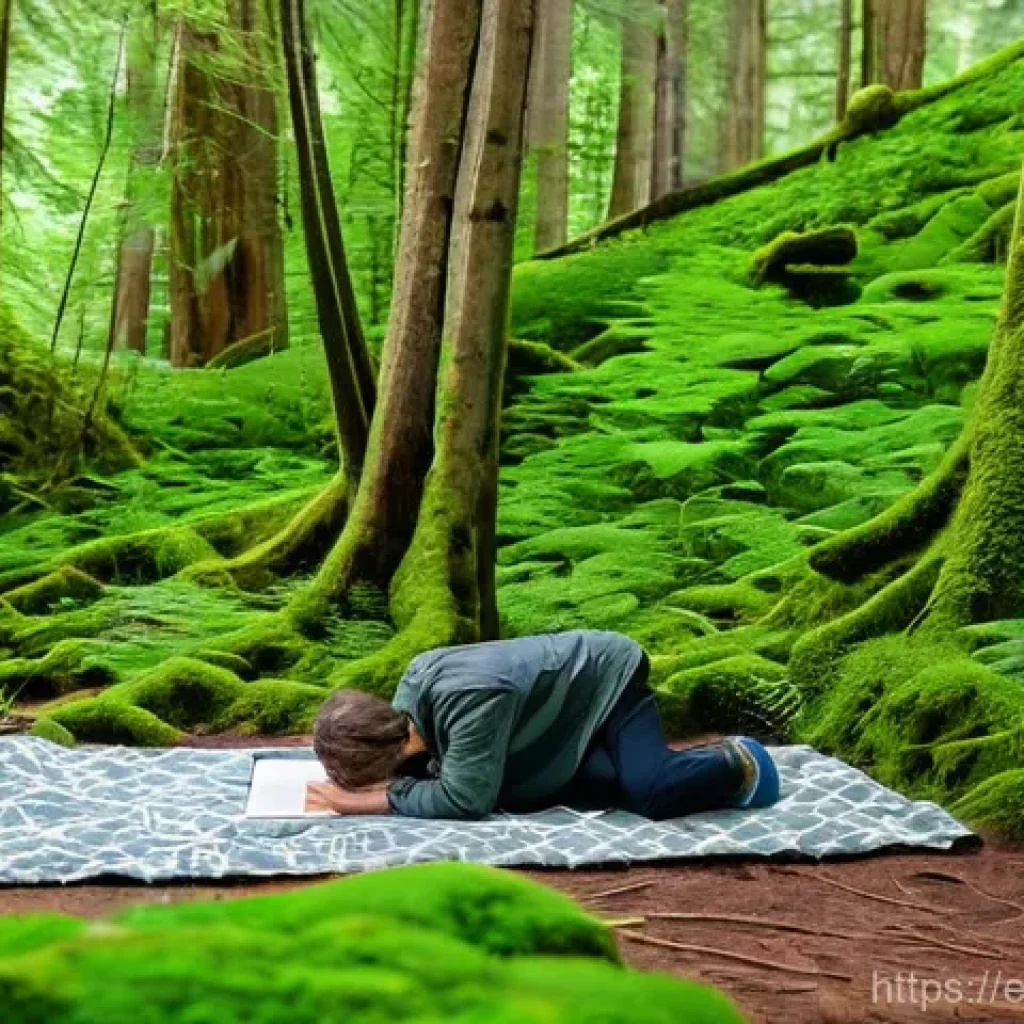 숲 테라피 참여 시 유의사항 - **A Mindful Moment in a Lush Green Oasis:**
    "A lone individual, gender-neutral, is peacefully en...