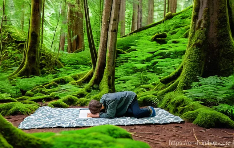 숲 테라피 참여 시 유의사항 - **A Mindful Moment in a Lush Green Oasis:**
    "A lone individual, gender-neutral, is peacefully en...