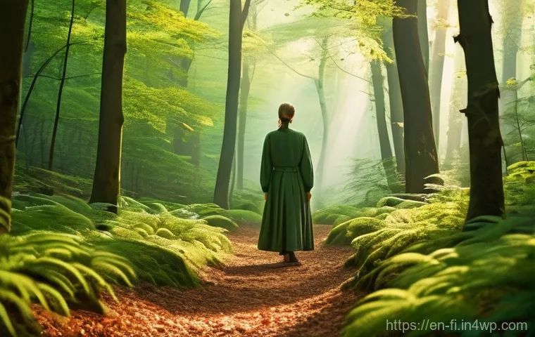 숲 테라피와 직장 내 스트레스 관리 - **Prompt 1: Serene Forest Immersion**
    "A peaceful adult, gender-neutral, stands in a vibrant, su...