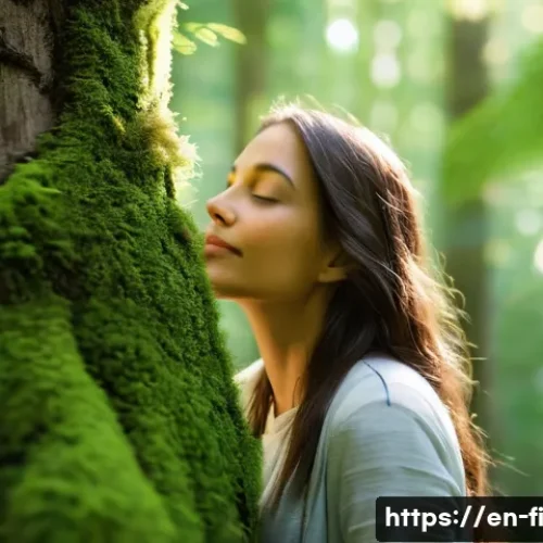 숲 테라피의 심리학적 접근 - **Prompt:** A serene adult woman, wearing comfortable, modest outdoor clothing, stands deeply immers...