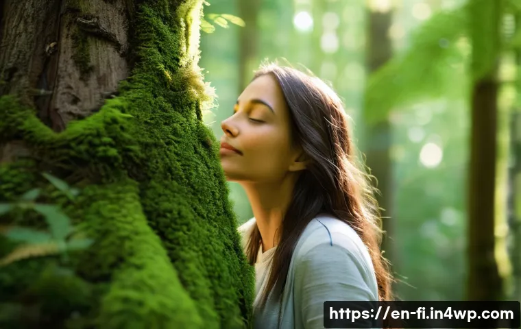 숲 테라피의 심리학적 접근 - **Prompt:** A serene adult woman, wearing comfortable, modest outdoor clothing, stands deeply immers...