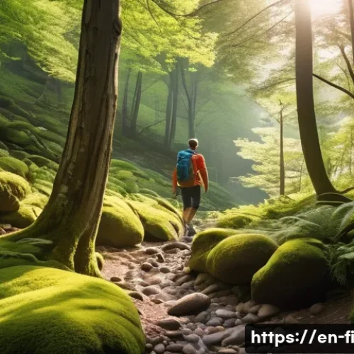 숲 테라피와 신체적 능력 개선 - A serene forest trail scene during early morning light, showcasing a diverse terrain with roots, roc...