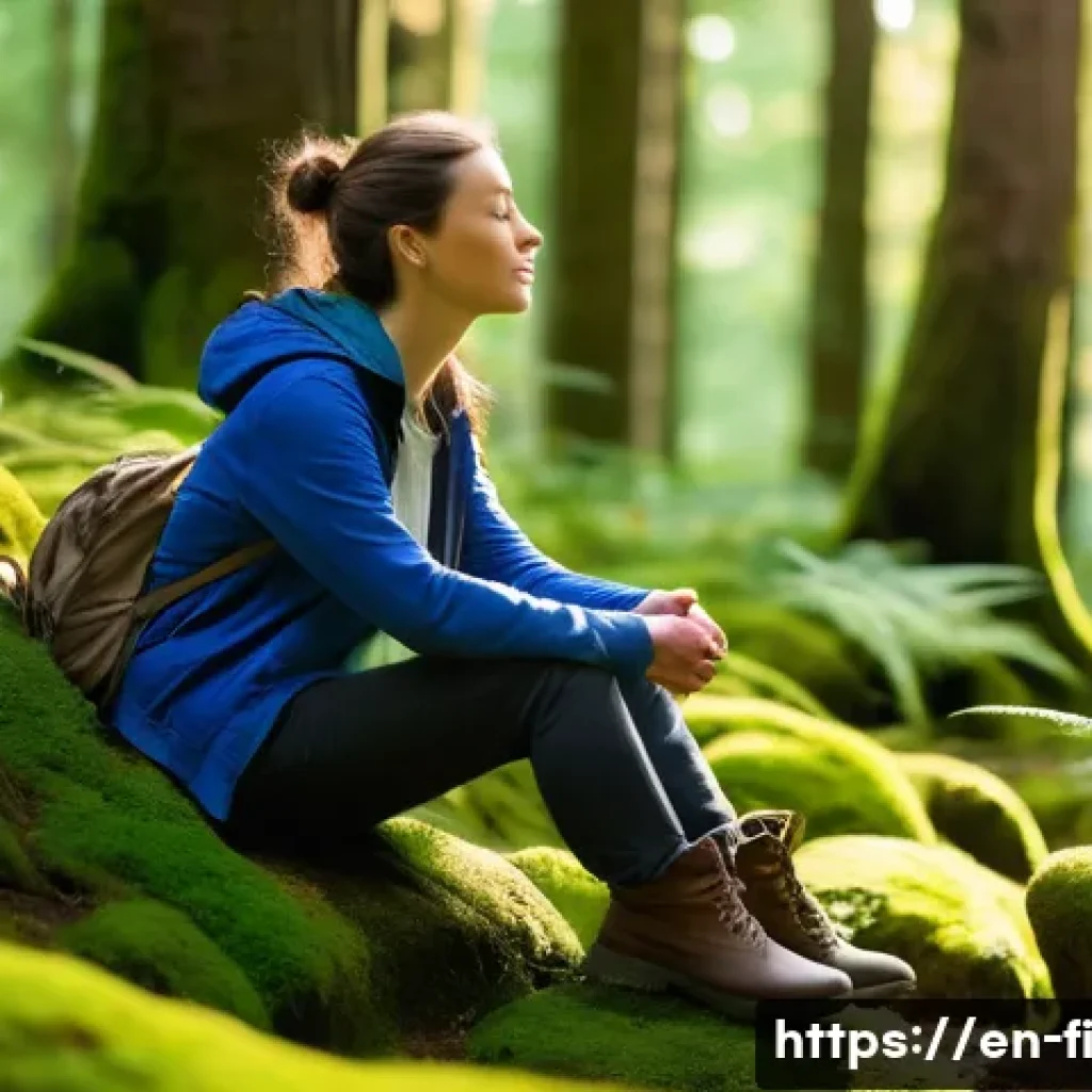 숲 테라피와 마인드풀니스 - A serene forest scene at golden hour with soft sunlight filtering through tall, lush green trees. A ...