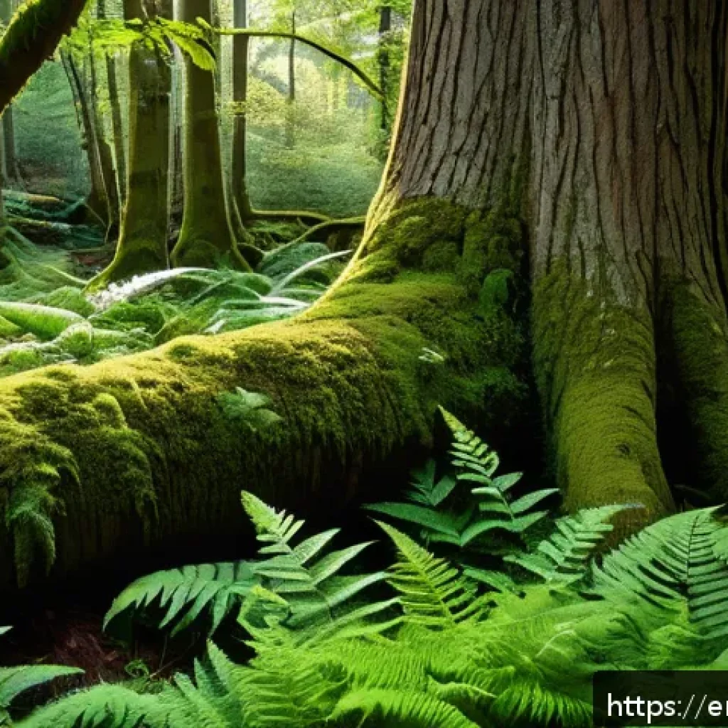 숲에서의 감각적 경험 활성화하기 - A serene forest scene in early morning light, sunlight filtering softly through dense green foliage,...