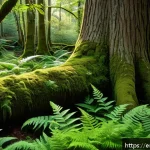 숲에서의 감각적 경험 활성화하기 - A serene forest scene in early morning light, sunlight filtering softly through dense green foliage,...