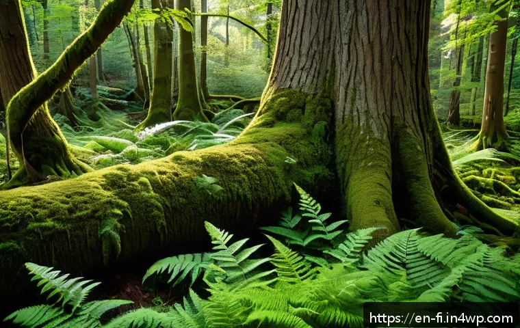 숲에서의 감각적 경험 활성화하기 - A serene forest scene in early morning light, sunlight filtering softly through dense green foliage,...