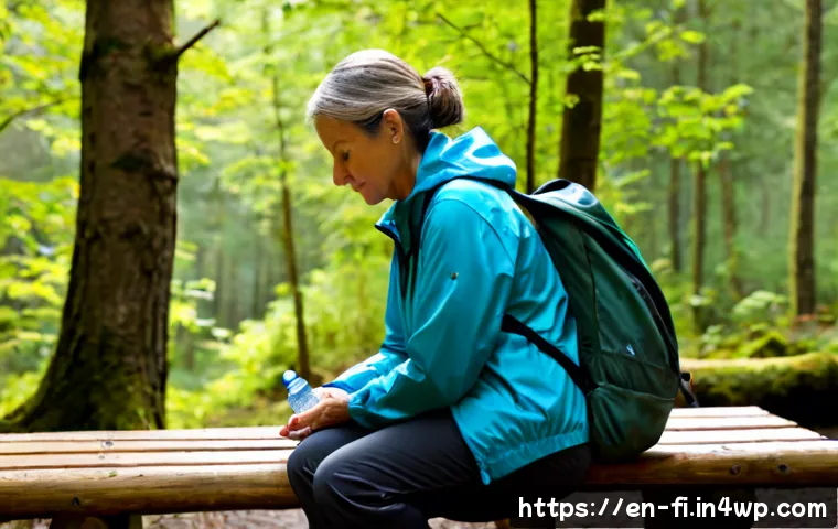 Home 14 숲 테라피를 위한 장비 선택하기 - Photorealistic outdoor gear selection scene for forest therapy, a neatly arranged flat lay on a weat...